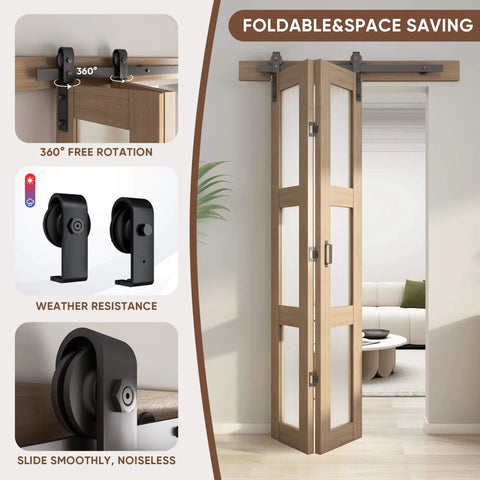 Bifold Glass Barn Door Kit 36 Inch With Hardware Included, showing folding position, brown wood with frosted glass.