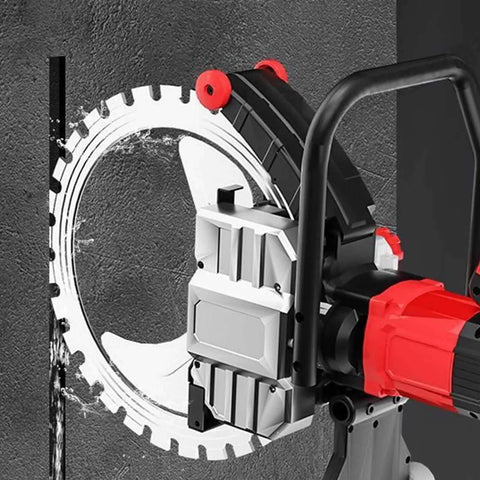 Heavy Duty 220V Electric Concrete Circular Saw With Integrated Water Pump 8900W High Precision Ring Cutter At 3000 Rpm cutting into a wall.