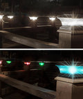 Solar Post Cap Lights For Outdoor Deck And Fence LED Post Caps With 9 Lighting Modes Including Bright White And RGB Color Options Fixed And Cycling Colors Fits 4x4 Or 5x5 Wooden Posts Black 6 Pack glowing on railings.