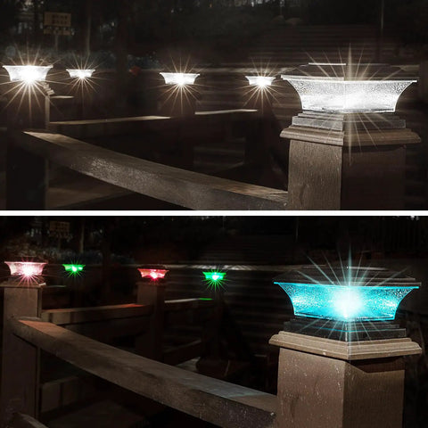 Solar Post Cap Lights For Outdoor Deck And Fence LED Post Caps With 9 Lighting Modes Including Bright White And RGB Color Options Fixed And Cycling Colors Fits 4x4 Or 5x5 Wooden Posts Black 6 Pack glowing on railings.
