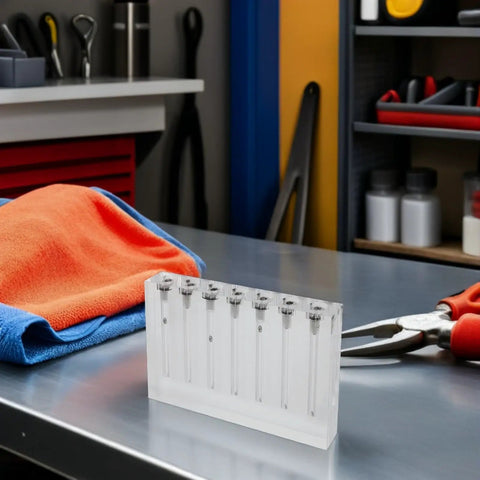 Engine Oil Quality Tester And Comparator Tool With Acrylic 7 Hole Block For Quick Oil Sample Analysis And Engine Health Check DIY kit on bench