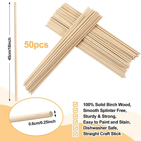 Top Shelf Unfinished Round Wooden Dowel Rods 1/4 X 18 Inch Birch Craft Sticks For Diy Projects And Home Decor 50 Pack, displayed in a bundle.