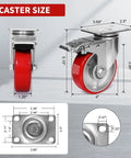 4 Inch Heavy Duty Caster Wheels With Slick Polyurethane On Steel Set Of Four dimensions and details shown in image.