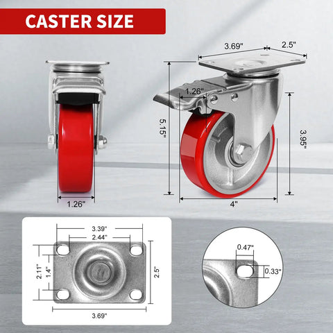 4 Inch Heavy Duty Caster Wheels With Slick Polyurethane On Steel Set Of Four dimensions and details shown in image.