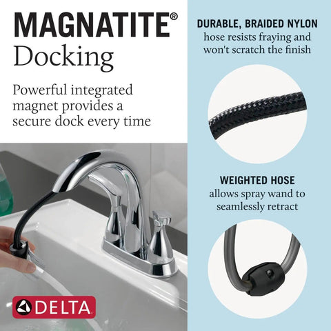 Broadmoor Centerset Chrome Bathroom Faucet With Sprayer 4 Inch 3 Hole Sink Faucet Pull Out Sprayer MagnaTite Docking detail