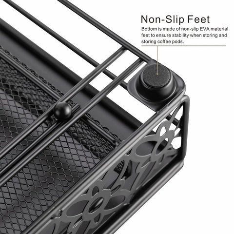 Close-up of corner detail and non-slip feet of the Coffee Pod Storage Drawer Organizer For Keurig And K Duo Plus Holds 42 Pods.