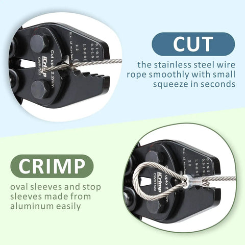 Pro Grade Heavy Duty Wire Rope Crimp Tool For Aluminum Ferrules 0.1-0.5mm 0.5-1.0mm 1.0-2.0mm 2.2mm 6.8 Inch With Four Cavities Crimp Cutter For Railings Decking Picture Hanging Double Barrel Ferrules Rust Resistant CrMo Steel, cutting wire rope