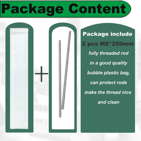 Beefy 304 Stainless M8 x 250mm Fully Threaded Rod, 10 Inch Length, M8-1.25 Pitch, Right Hand Threads, 2 Pack, package contents