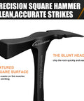 Close-up of 36 Oz Rock Pick Hammer Heavy Duty Masonry and Bricklayer Tool With Comfortable Rubber Grip, focusing on head design.
