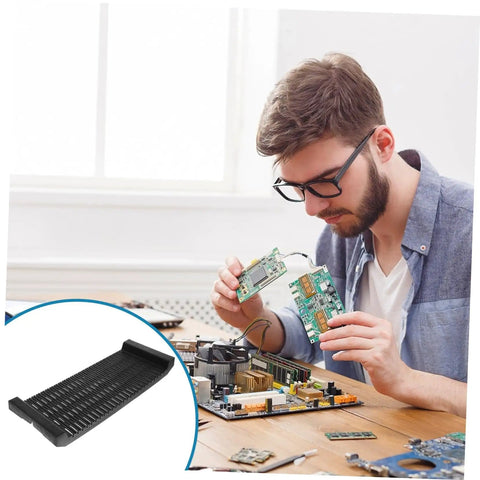 Engineer using Anti Static PCB Tray Storage Rack For Circuit Boards, Slip Resistant Bracket Holder for safe and easy organization.