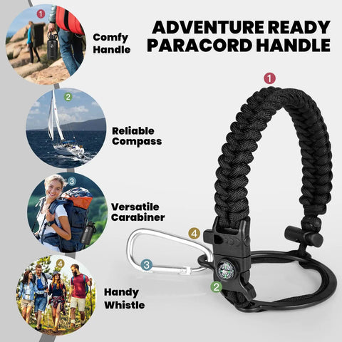 Legit 64 Oz Insulated Water Bottle Triple Wall Vacuum Stainless Steel Keeps Drinks Icy Cold For 48 Hours And Warm For 24 Hours showing paracord handle, compass, carabiner, and whistle.