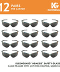 Nemesis V30 Safety Glasses with Smoke Anti Fog Lenses, Camo Frame, 12 pairs per case, displayed in rows