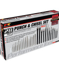 Box of 28 Piece Punch And Chisel Set With Roll Up Pouch In Chrome Vanadium And High Carbon Steel For Durable Metalworking And Carpentry Projects