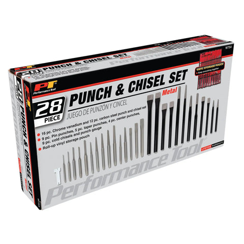 Box of 28 Piece Punch And Chisel Set With Roll Up Pouch In Chrome Vanadium And High Carbon Steel For Durable Metalworking And Carpentry Projects