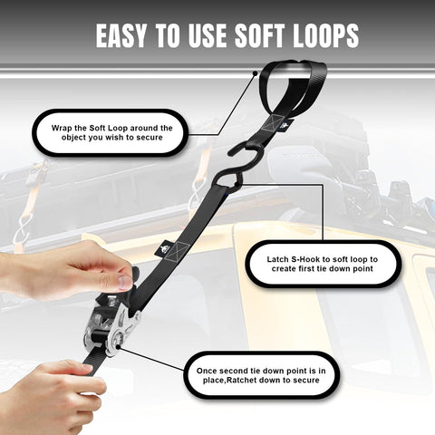 Instructional use of Heavy Duty Ratchet Tie Down Straps Set 1500 Lb Break Strength 1 Inch By 15 Foot with soft loops and S hooks.