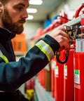 Person inspecting fire extinguisher with Heavy Duty Aluminum Fire Extinguisher Tags Bulk Pack Featuring Monthly 2026 To 2029 Dates.