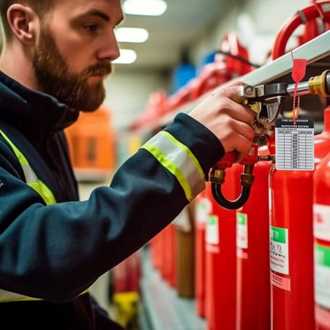 Person inspecting fire extinguisher with Heavy Duty Aluminum Fire Extinguisher Tags Bulk Pack Featuring Monthly 2026 To 2029 Dates.