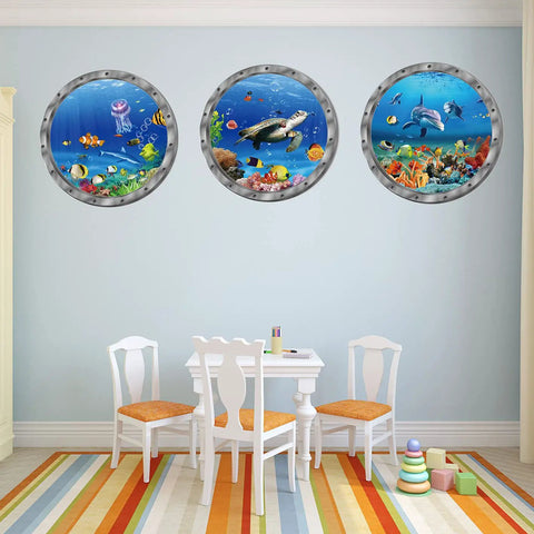 Underwater Ocean World Wall Decals Set Dope 12 Inch Round 3D Peel And Stick Vinyl Stickers With Dolphins Turtles And Fish