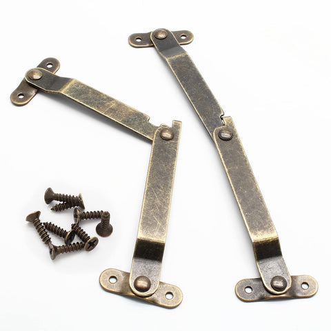 Heavy Duty Antique Brass Lid Support Hinge Pair With Pro Level Mounting Hardware For Retractable Cabinet Doors and Furniture Makeover Hassle Free Assembly with screws.