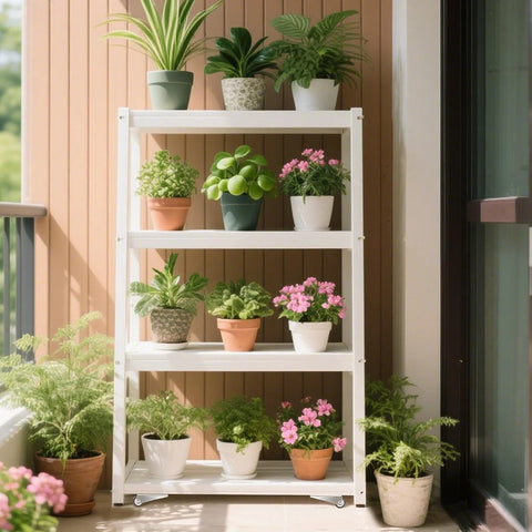 White plant shelf with assorted potted plants on a patio balcony