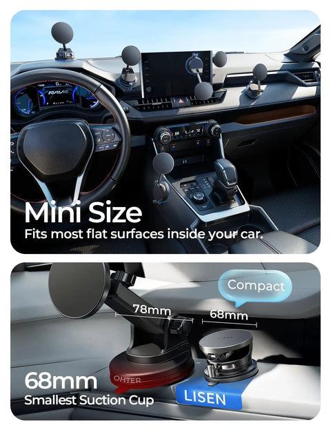 Interior car dashboard with MagSafe Car Mount Charger With 15W Wireless Magnetic Phone Holder Suction Mount, compact mini size, 68mm cup.