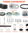 Contents of 30 Series Torque Converter Kit for Go Karts and Mini Bikes, showing sprockets, pulleys, belt, bolts, and crankset