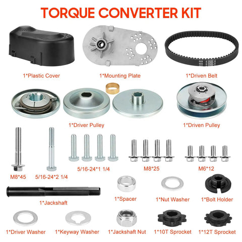 Contents of 30 Series Torque Converter Kit for Go Karts and Mini Bikes, showing sprockets, pulleys, belt, bolts, and crankset