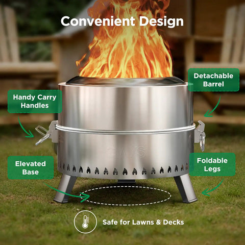 Smokeless 19 Inch Fire Pit For Camping With Waterfallflame Technology, steel design with detachable barrel and foldable legs.