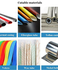 Cutable materials including thermal casing, fiberglass tube, Teflon casing, velcro, wax tube, and nickel belt for versatile use.