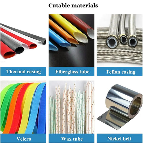 Various cutable materials including thermal casing, fiberglass tube, Teflon casing, Velcro, wax tube, and nickel belt for Automatic Heat Shrink Tube Cutter Machine.