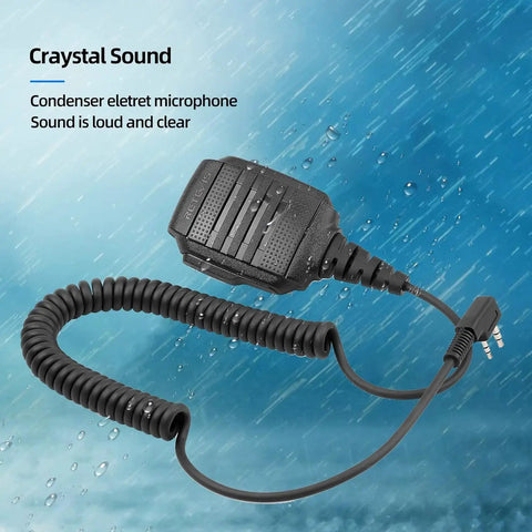 Walkie Talkie Shoulder Speaker Mic With IP54 Waterproof 2 Pin K Plug Rugged Design against background with raindrops