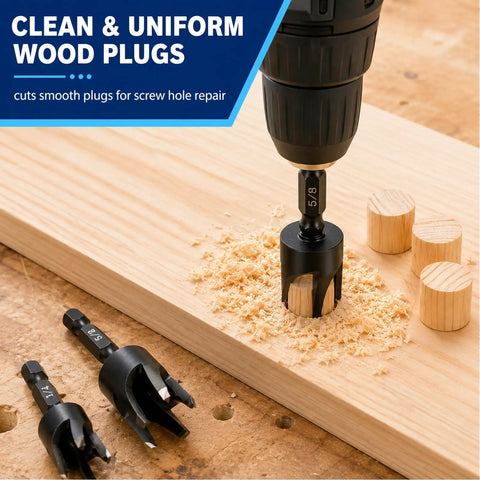 Premium 8 Piece Wood Plug Cutter Drill Bit Set Straight Tapered High Carbon Steel Construction cutting smooth dowel plugs in wood.