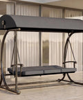 Modern Outdoor Patio Swing With Adjustable Canopy, 2 In 1 Porch Swing Bed With Removable Cushion, Three-Person Bench