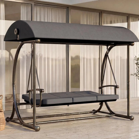 Modern Outdoor Patio Swing With Adjustable Canopy, 2 In 1 Porch Swing Bed With Removable Cushion, Three-Person Bench