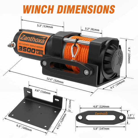Heavy Duty 3500 Lb ATV Winch With Synthetic Rope And Wireless Remote dimensions and accessories for off road recovery.
