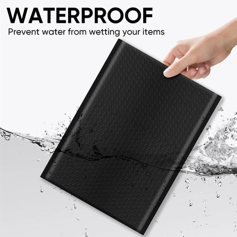 Black Bubble Mailers 8.5 By 12 Inches, waterproof poly mailer immersed in water, highlighting moisture-proof feature, 100 pack
