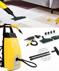 Lpoxuru High Power 3000W Handheld Steam Cleaner For Bathrooms And Sofas in use on carpet with cleaning accessories visible.