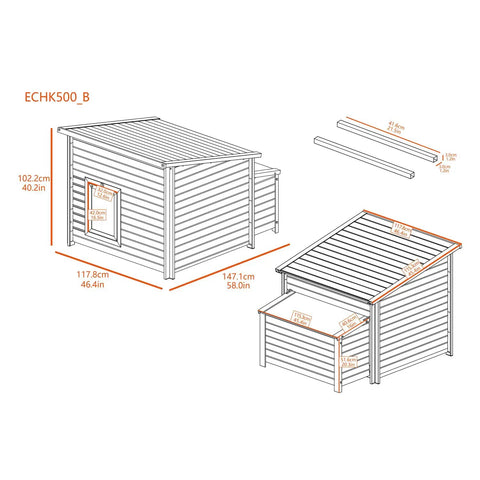 Dimensions diagram of Ecoflex Jumbo Chicken Coop For 4 To 6 Chickens With No Fuss Assembly And Odor Resistant Build in tan.