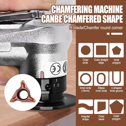 Ten Pack Hella Durable Carbide Chamfering Tool Bits For Pneumatic Mini Bevelers Plus Lathe Turning Inserts For Smooth Deburring On Wood Metal And Plastic With Classic Rounded R Edge Profile showing chamfering machine with R blade.