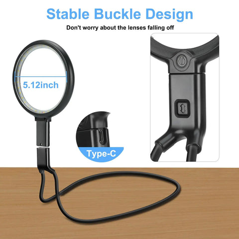 Hands Free Neck Magnifier With Light 10X 5.2 Inch Loupe, 36 LED Brightness Levels, Flexible Gooseneck, black, Type C charging