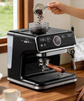 Fully Automatic Espresso Coffee Maker With Built In Grinder pouring coffee beans into grinder on a wooden countertop.