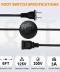 Hands Free Foot Pedal Switch With 6 Foot Extension Cord And Polarized Plug, Heavy Duty Foot Control For Lamps Tools And Appliances, Easy On Off Power Switch For No Hands Operation, 6ft cord, 125V 300V 3A