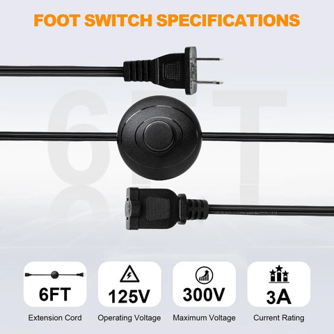 Hands Free Foot Pedal Switch With 6 Foot Extension Cord And Polarized Plug, Heavy Duty Foot Control For Lamps Tools And Appliances, Easy On Off Power Switch For No Hands Operation, 6ft cord, 125V 300V 3A