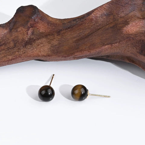Tiger Eye Stone Stud Earrings 8mm Brown Round Gemstone Jewelry In 14K Gold Plated Finish For Women, pair on white background