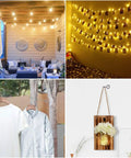 Cozy outdoor sitting area with string lights, decorated storage wall, hanging shirts, and floral wooden wall decor.