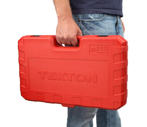 Person holding red case of 3/8 Inch Drive Hex Socket Set, 36-Piece With Inch And Metric Hex Bits And Long Sockets, Includes 1/8 To 3/8 In And 3 To 10 Mm, Beefy Chrome Steel For Auto, Home, And Garage Projects
