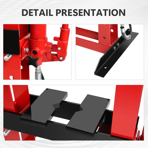 Close-up details of Heavy Duty 12 Ton Hydraulic H Frame Shop Press For Garage Floor And Benchtop Use With Adjustable Bed Stamping Plates Pressure Gauge And Manual Hand Pump Red