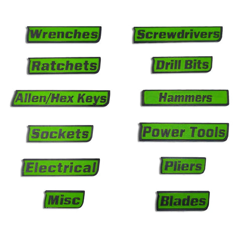 Ultra Strong Magnetic Tool Box Labels Set, 12 Pack For Tool Chests And Metal Tool Boxes, green labels with tool names