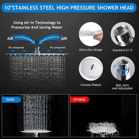 High Pressure 10 Inch Rain Shower Head With 11 Inch Adjustable Extension Arm And 5 Setting Handheld Shower Kit components.