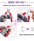 Image showing how to use Heavy Duty Galvanized Hog Rings Assortment Kit 1000 Pcs 3 8 Inch Steel Loop Pins with pliers.